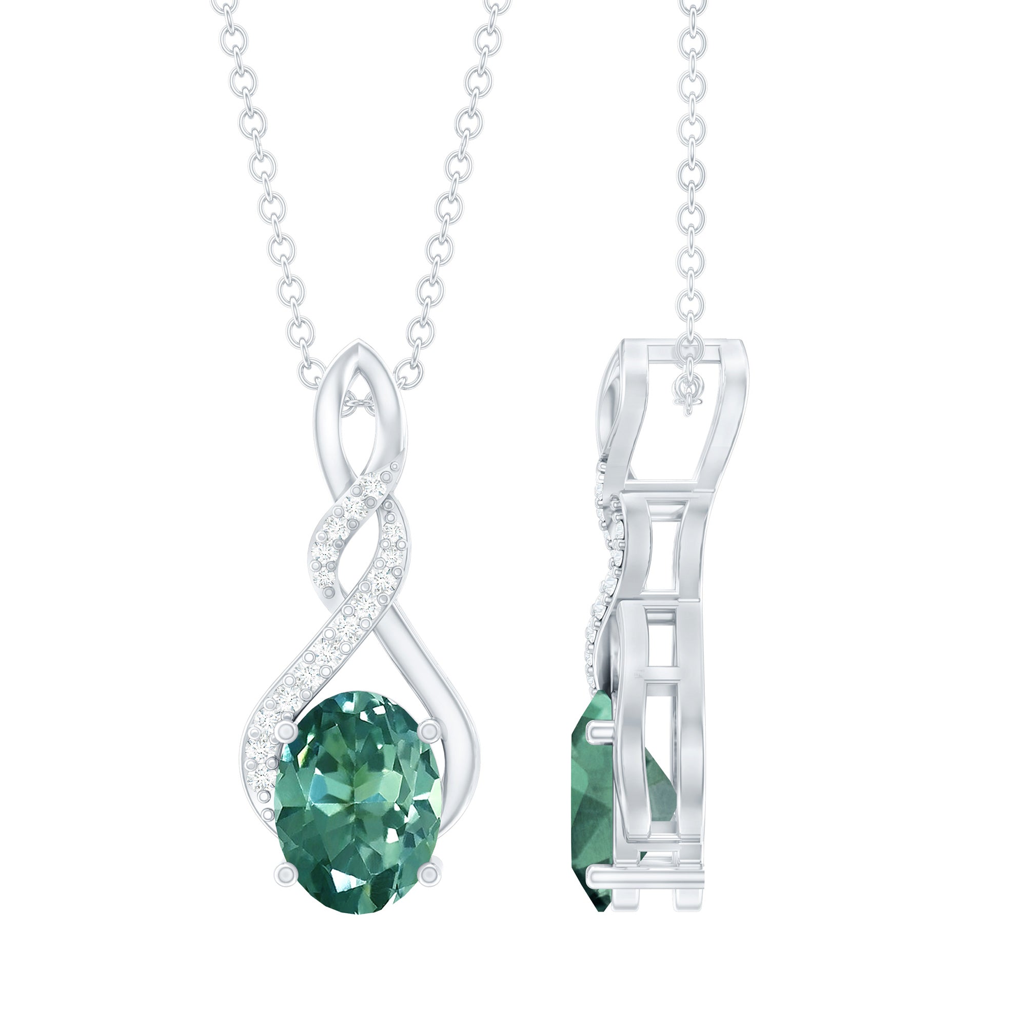 Lab Grown Green Sapphire Infinity Knot Necklace With Silver Chain