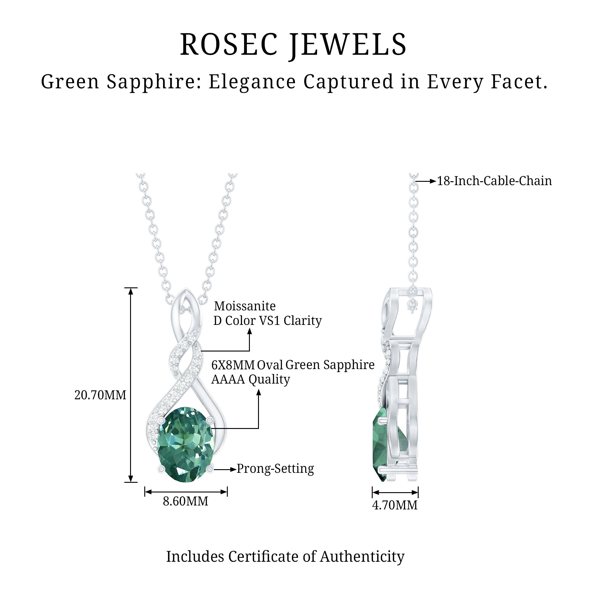 Lab Grown Green Sapphire Infinity Knot Necklace With Silver Chain