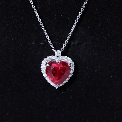 12 MM Lab Grown Ruby Heart Necklace with Moissanite Halo