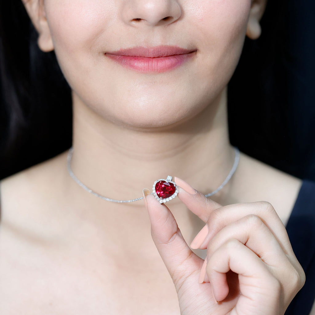 12 MM Lab Grown Ruby Heart Necklace with Moissanite Halo