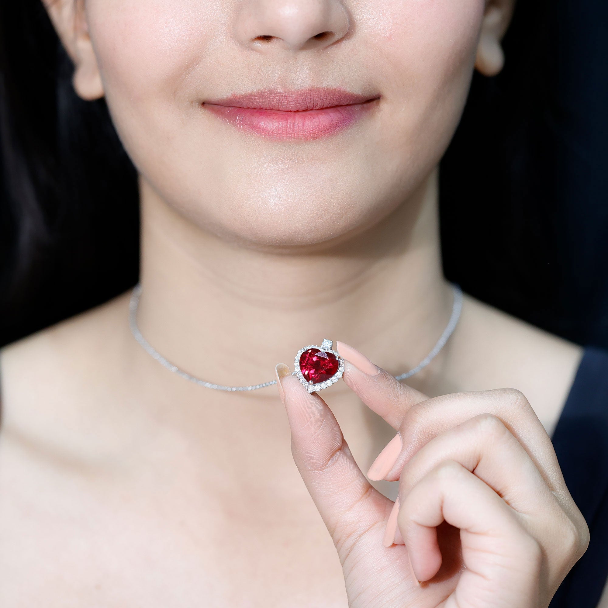 12 MM Lab Grown Ruby Heart Necklace with Moissanite Halo