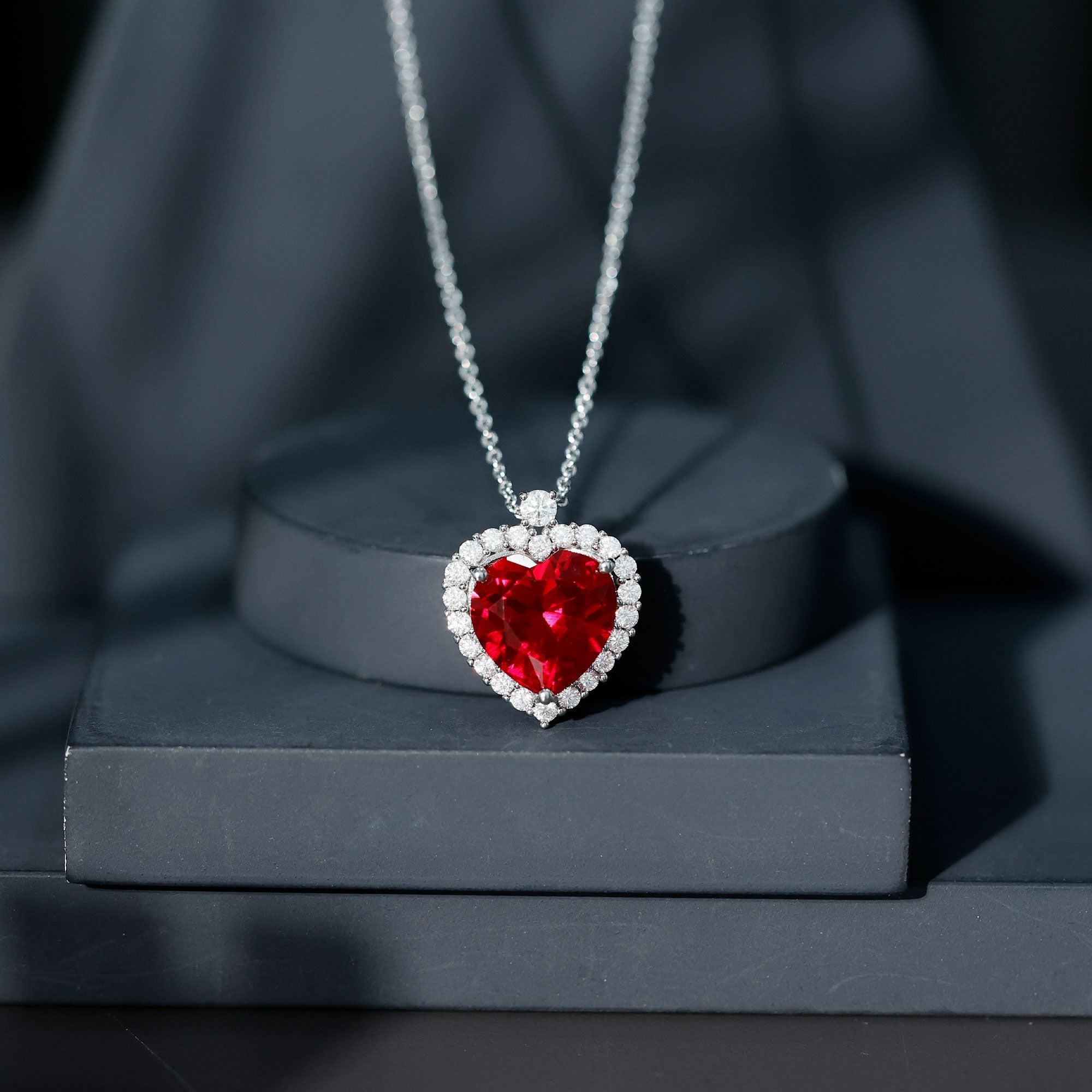 12 MM Lab Grown Ruby Heart Necklace with Moissanite Halo