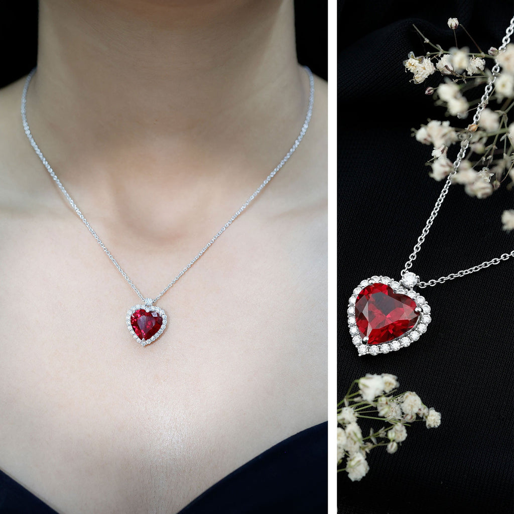 12 MM Lab Grown Ruby Heart Necklace with Moissanite Halo