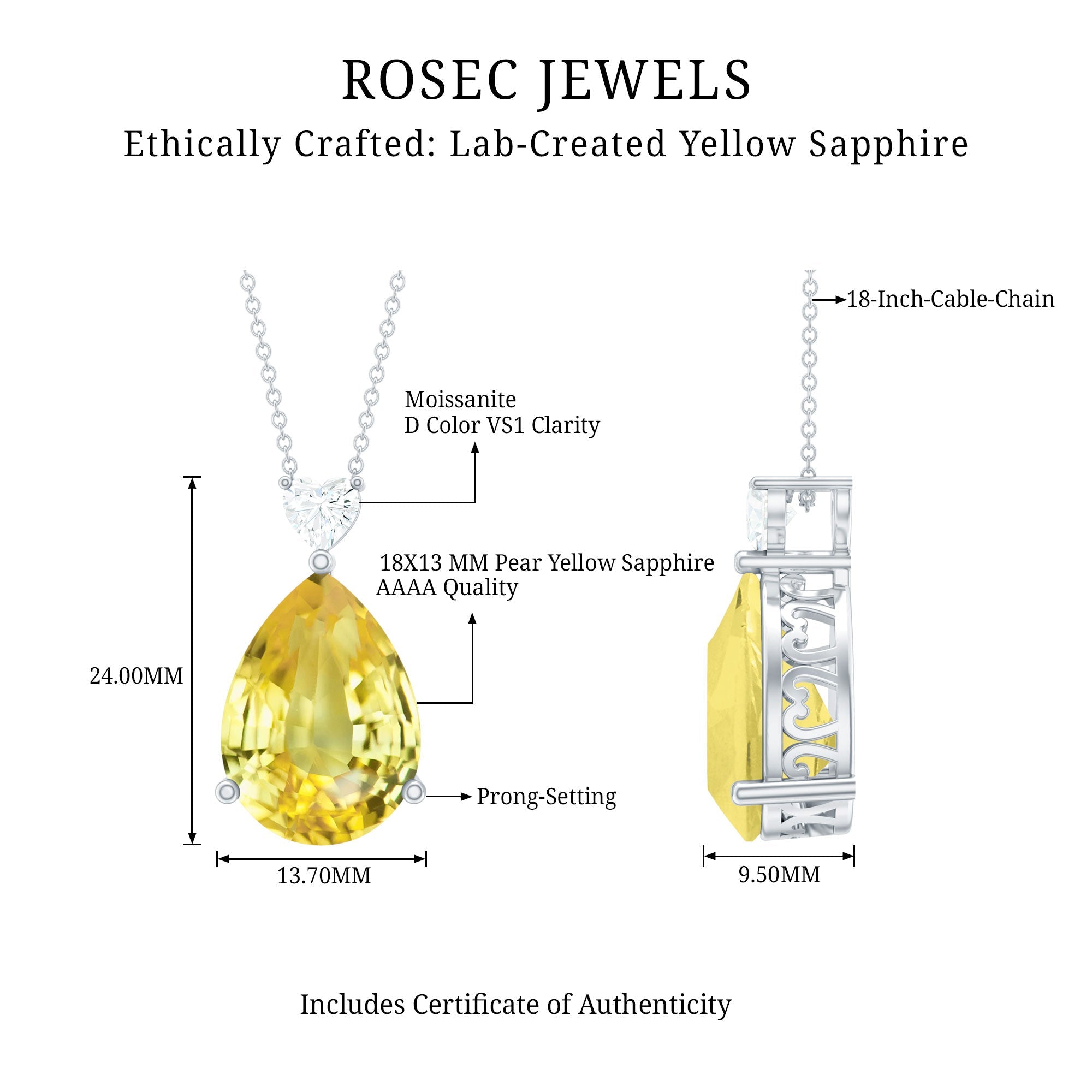 Lab Grown Yellow Sapphire Bridal Pendant Necklace With Silver Chain