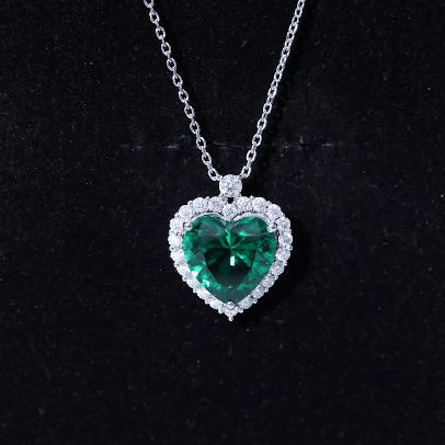 Certified Lab Grown Emerald Heart Necklace with Moissanite Halo