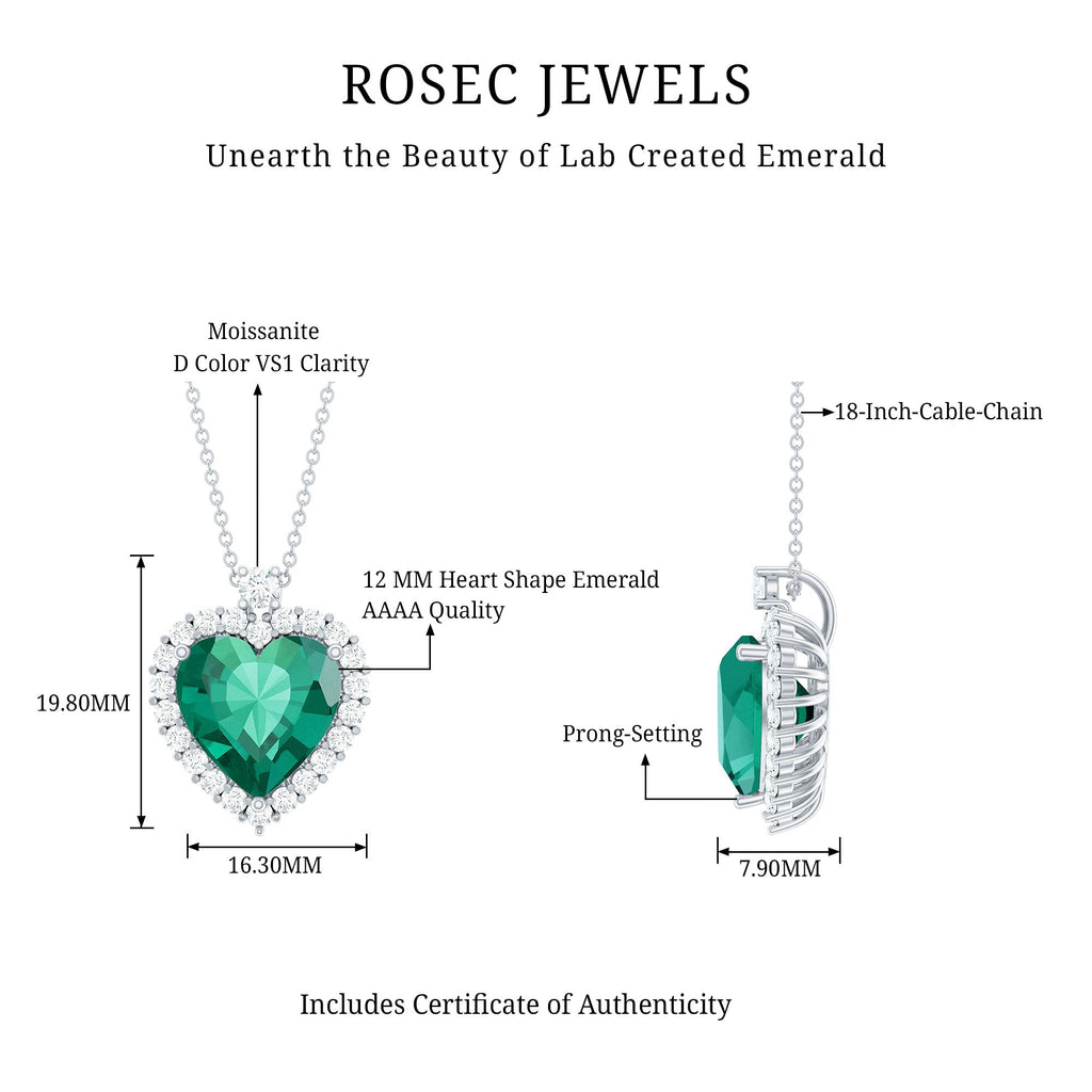 Certified Lab Grown Emerald Heart Necklace with Moissanite Halo