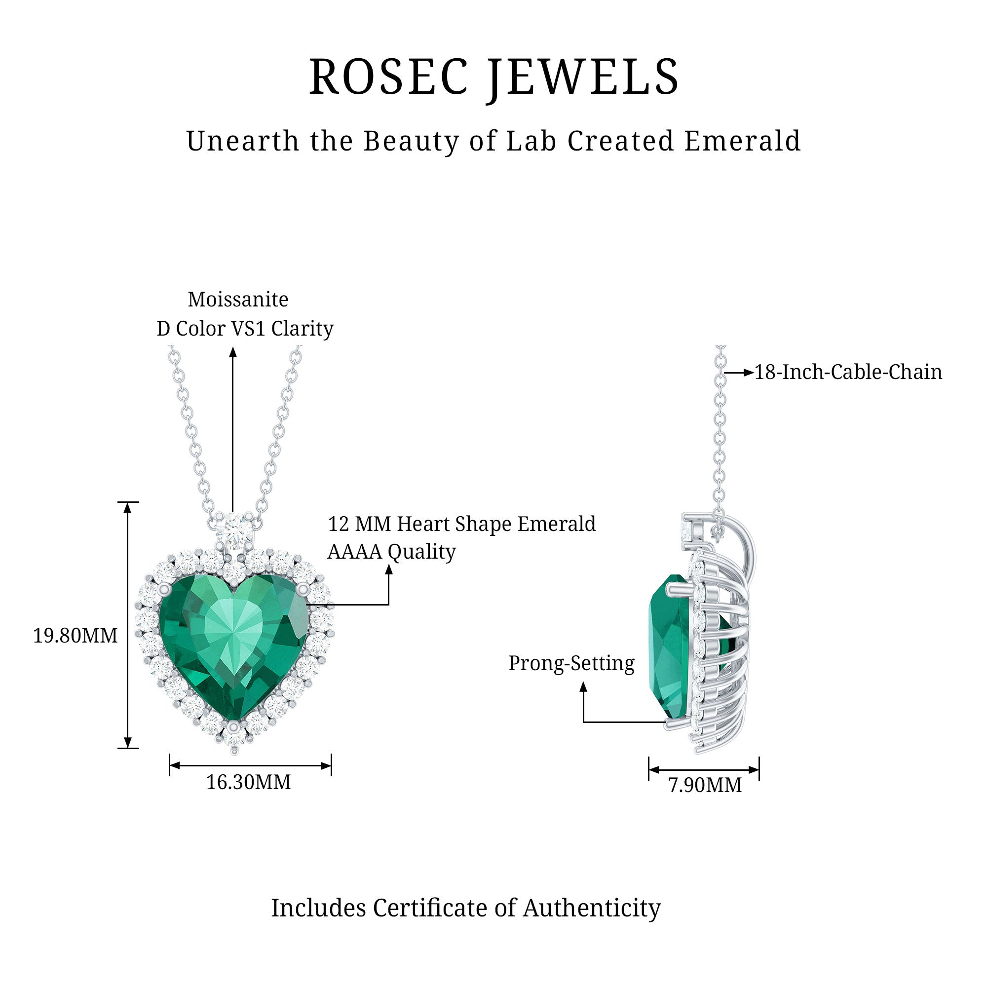 Certified Lab Grown Emerald Heart Necklace with Moissanite Halo