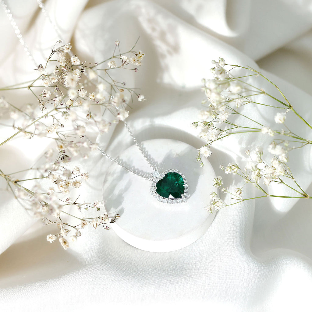 Certified Lab Grown Emerald Heart Necklace with Moissanite Halo