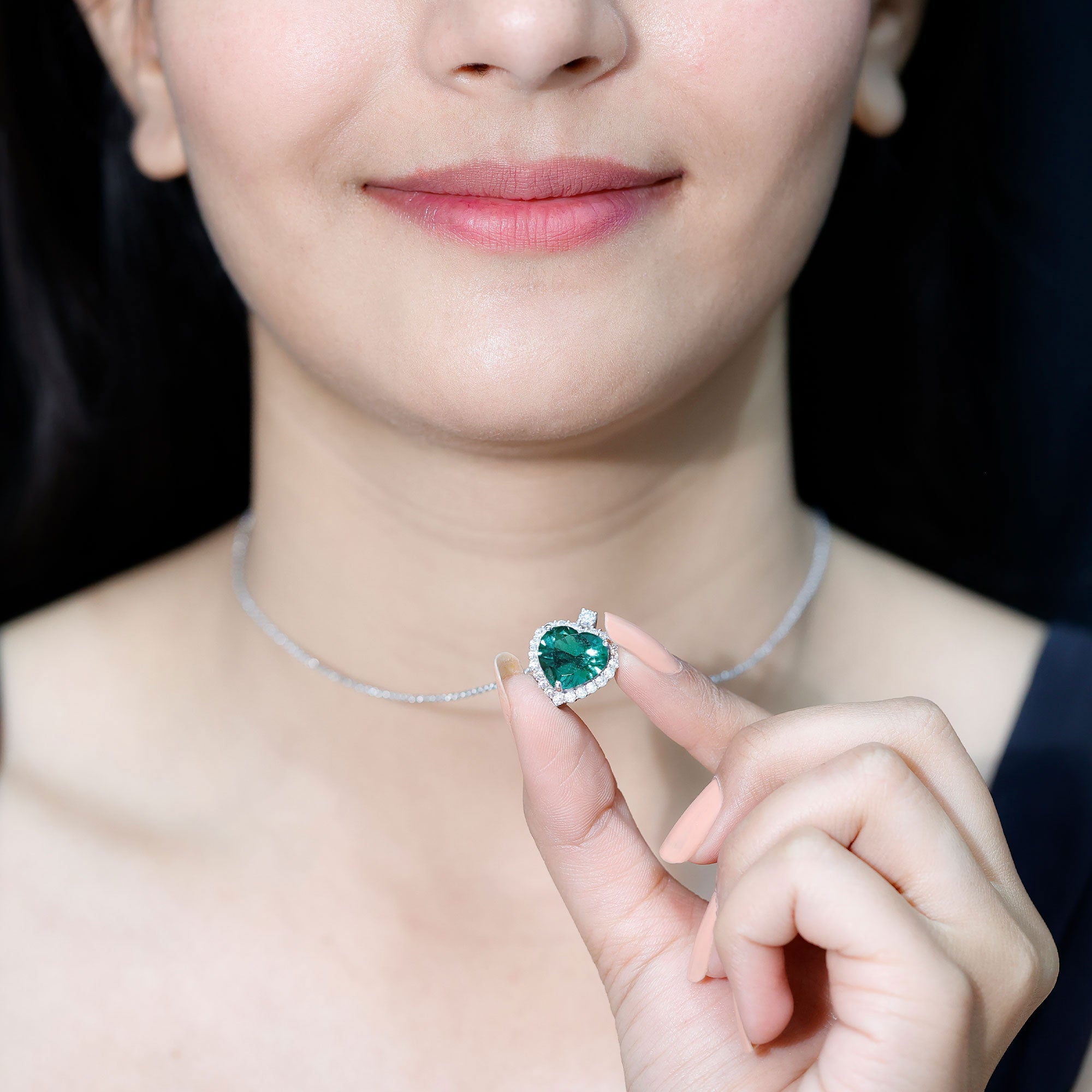 Certified Lab Grown Emerald Heart Necklace with Moissanite Halo