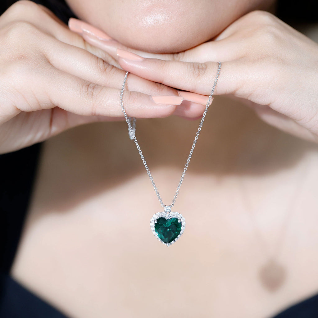 Certified Lab Grown Emerald Heart Necklace with Moissanite Halo