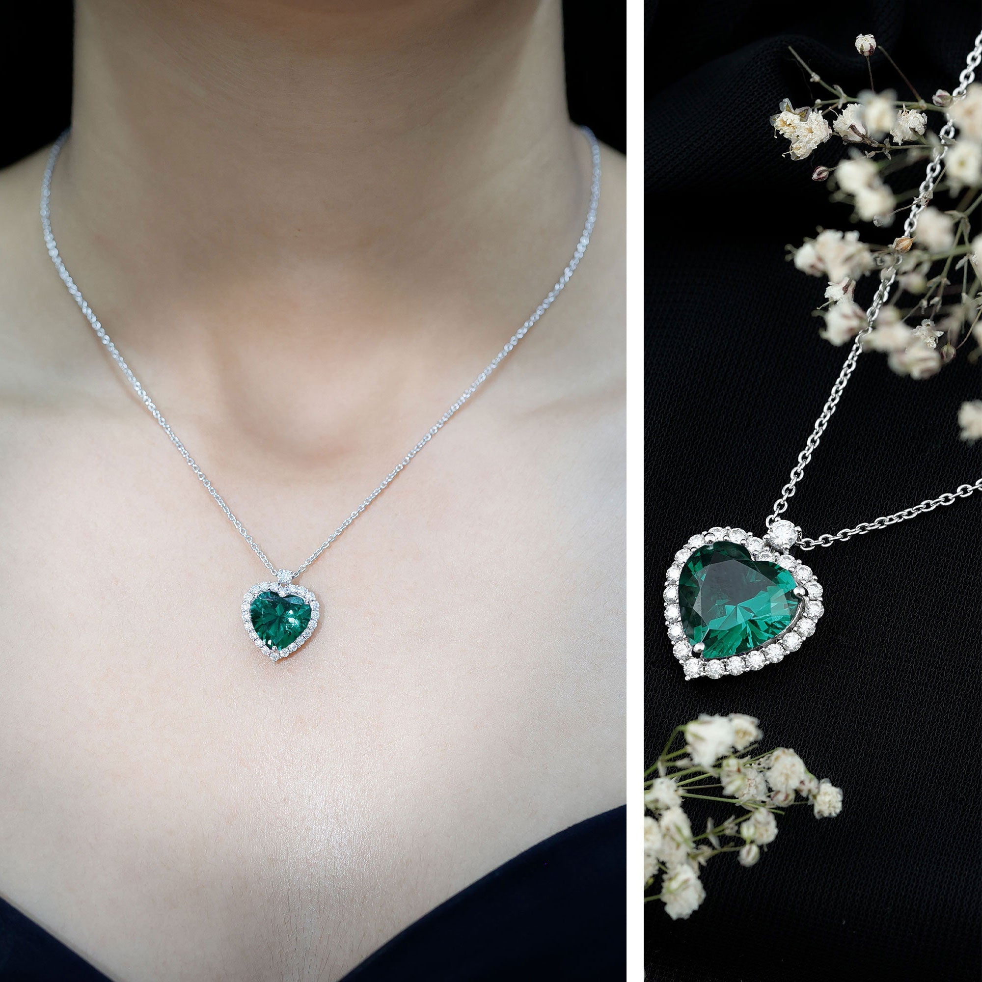 Certified Lab Grown Emerald Heart Necklace with Moissanite Halo