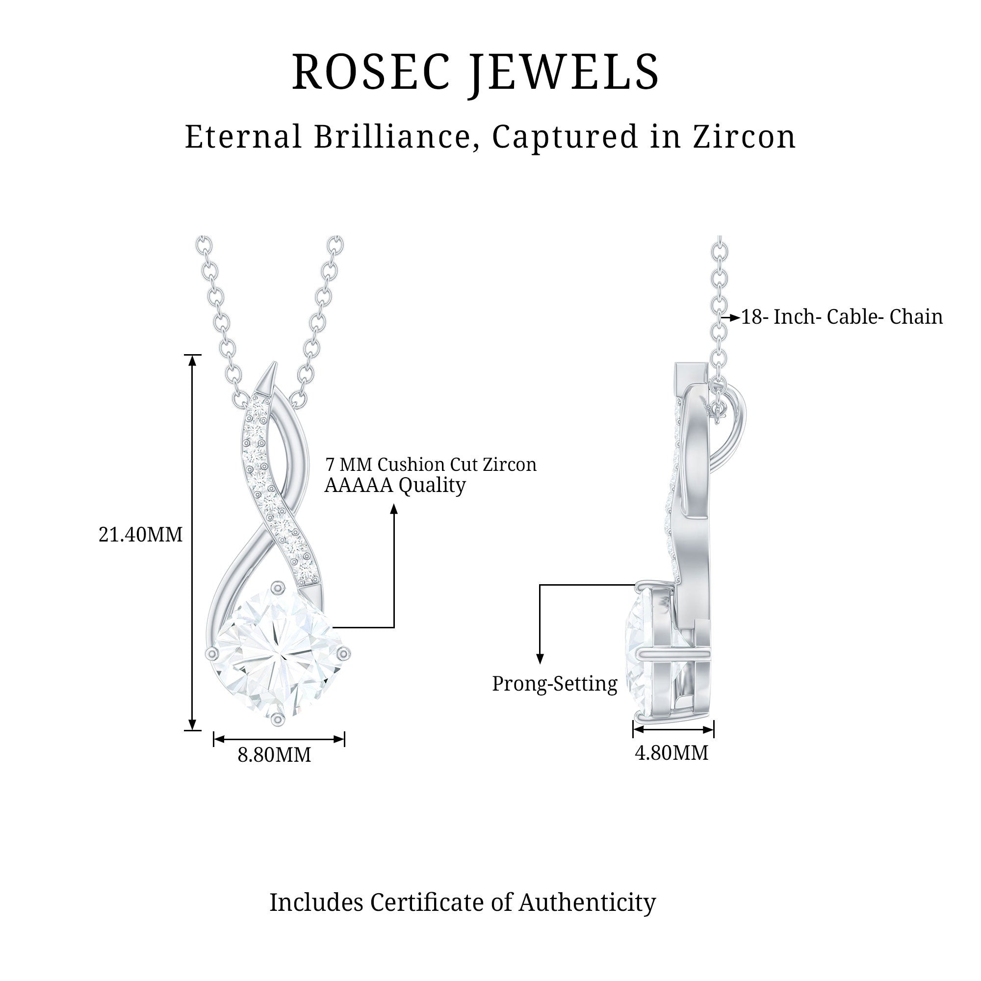 Certified Cushion Cut Cubic Zirconia Infinity Necklace for Women