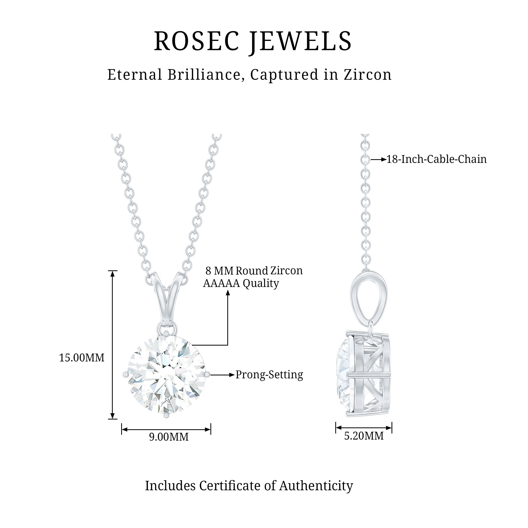 8 MM Round Cubic Zirconia Solitaire Necklace With Silver Chain