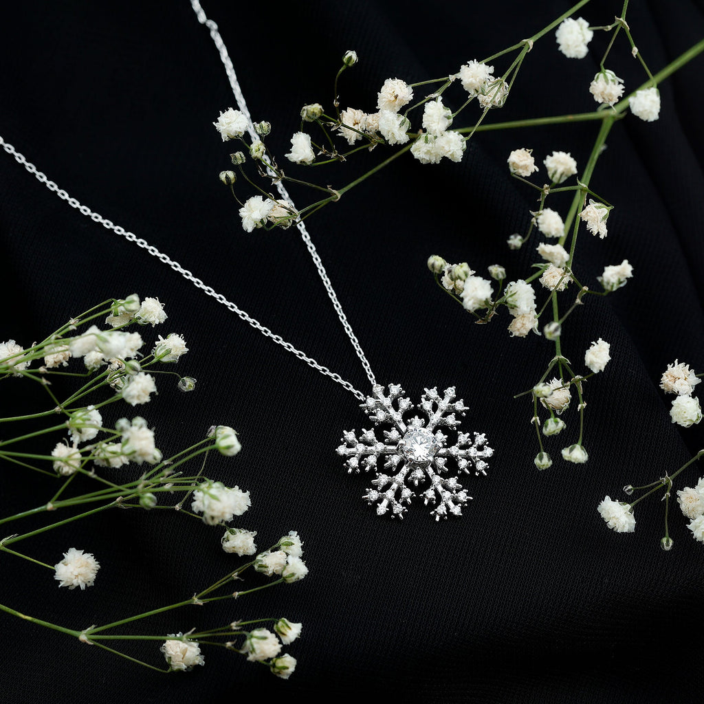 Cubic Zirconia Snowflake Necklace with Silver Chain