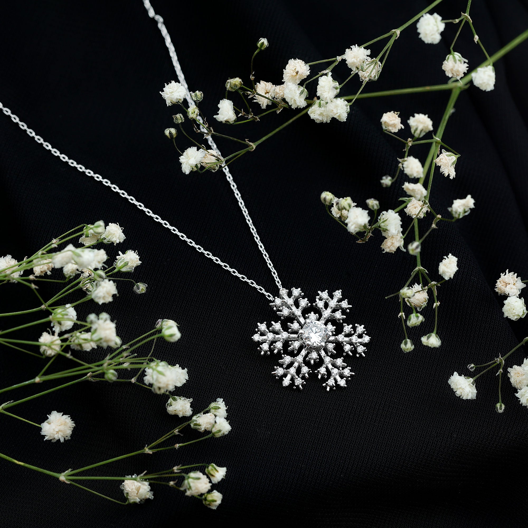 Cubic Zirconia Snowflake Necklace with Silver Chain