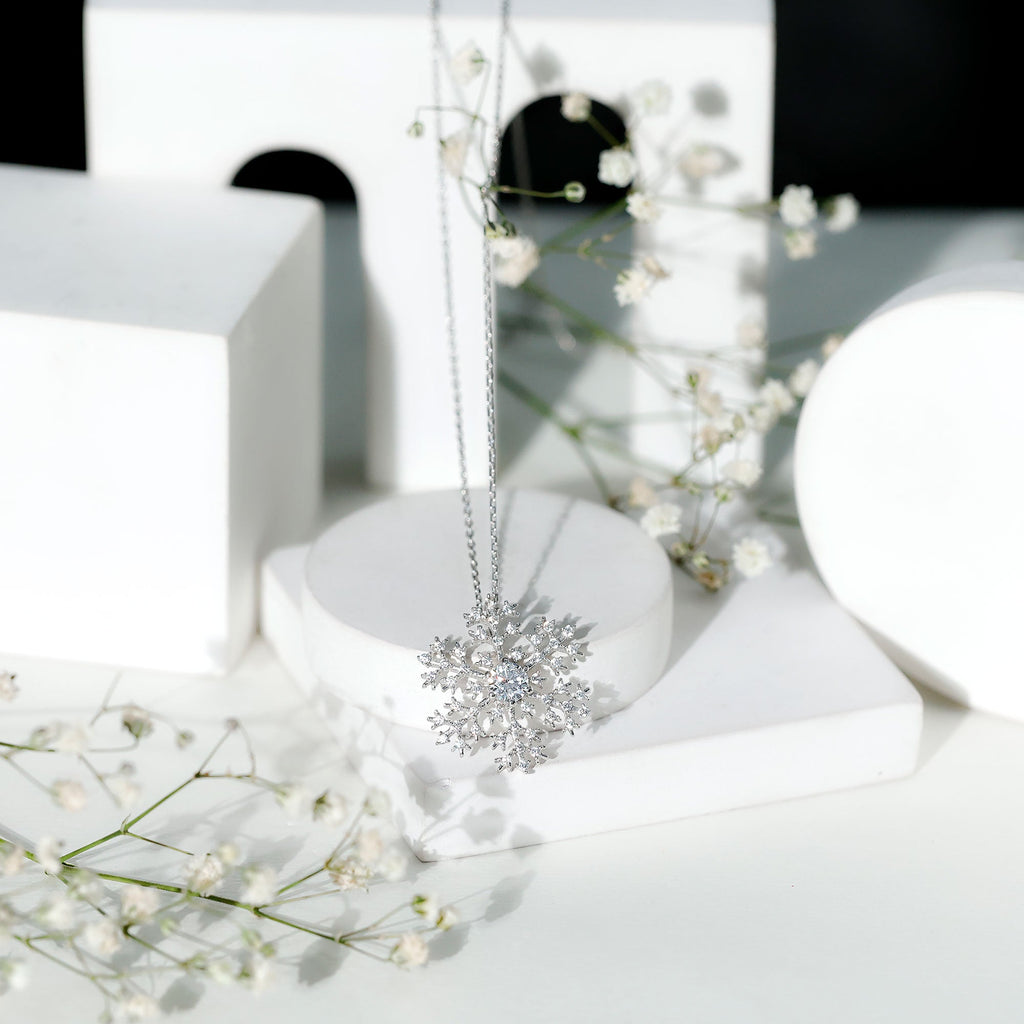 Cubic Zirconia Snowflake Necklace with Silver Chain
