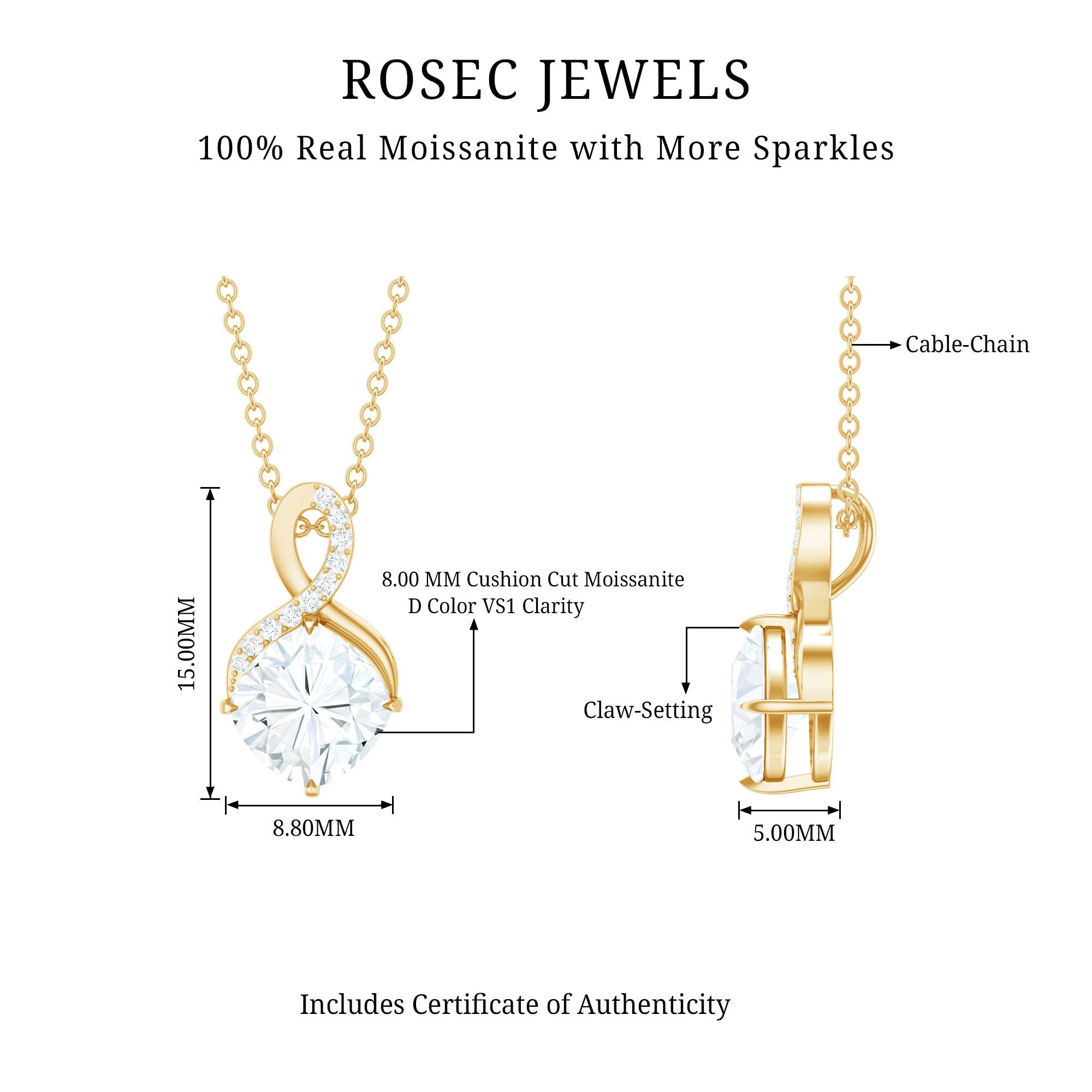 Cushion Cut Moissanite Infinity Pendant Necklace with Chain