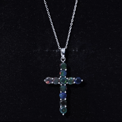 Round Cut Black Opal Cross Pendant Necklace in Silver