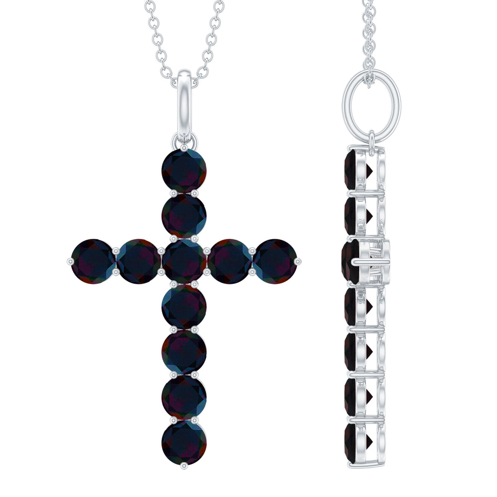Round Cut Black Opal Cross Pendant Necklace in Silver