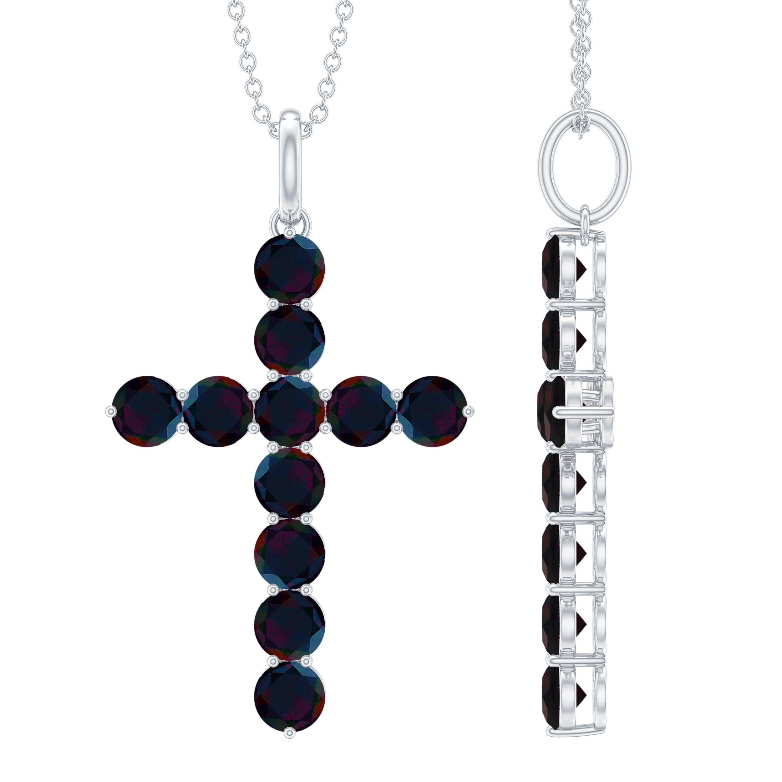Round Cut Black Opal Cross Pendant Necklace in Silver