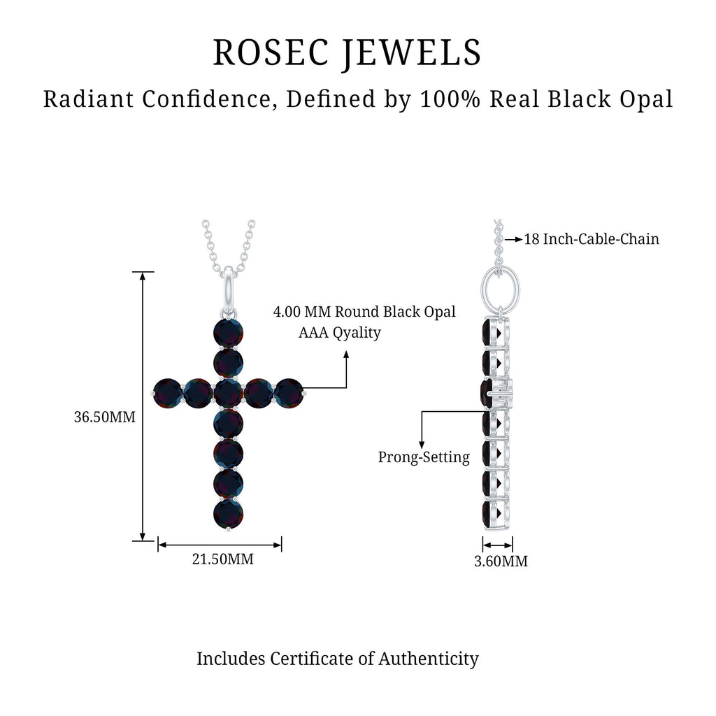 Round Cut Black Opal Cross Pendant Necklace in Silver