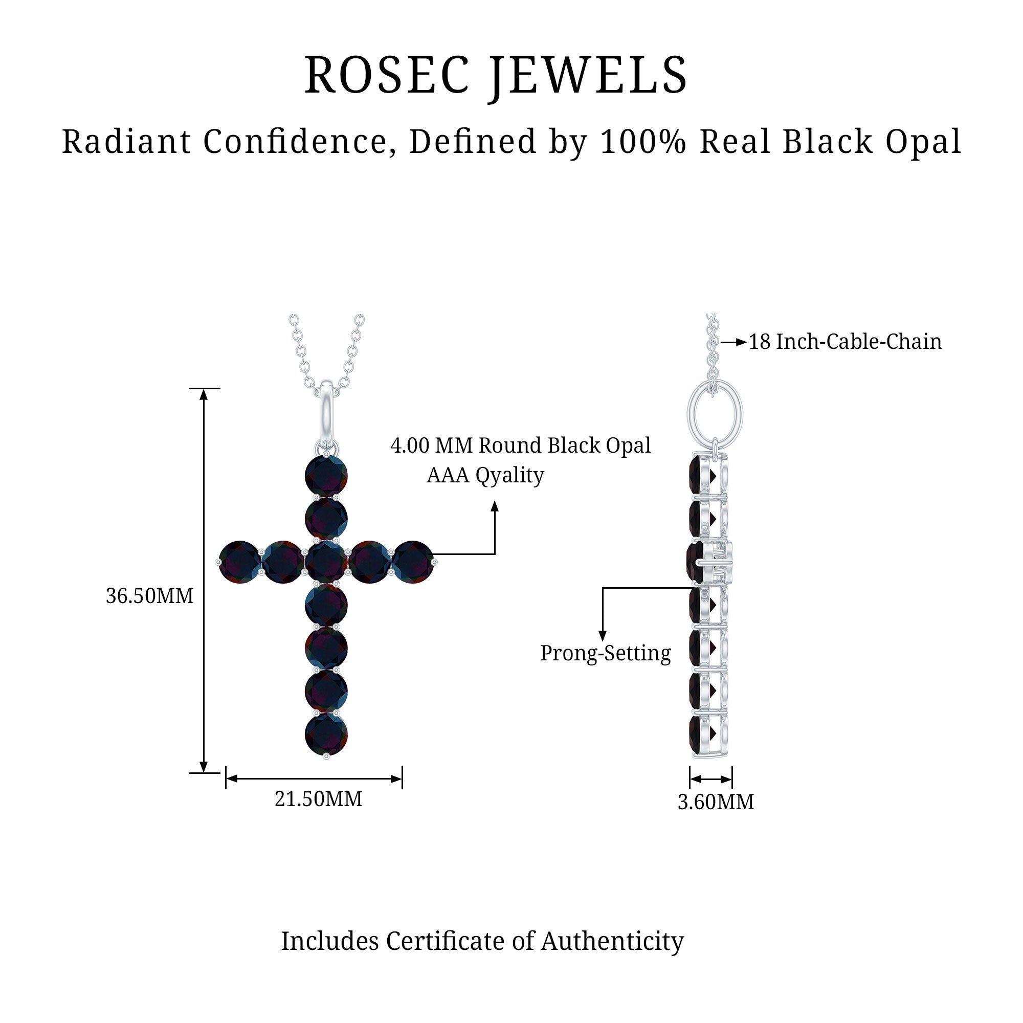 Round Cut Black Opal Cross Pendant Necklace in Silver