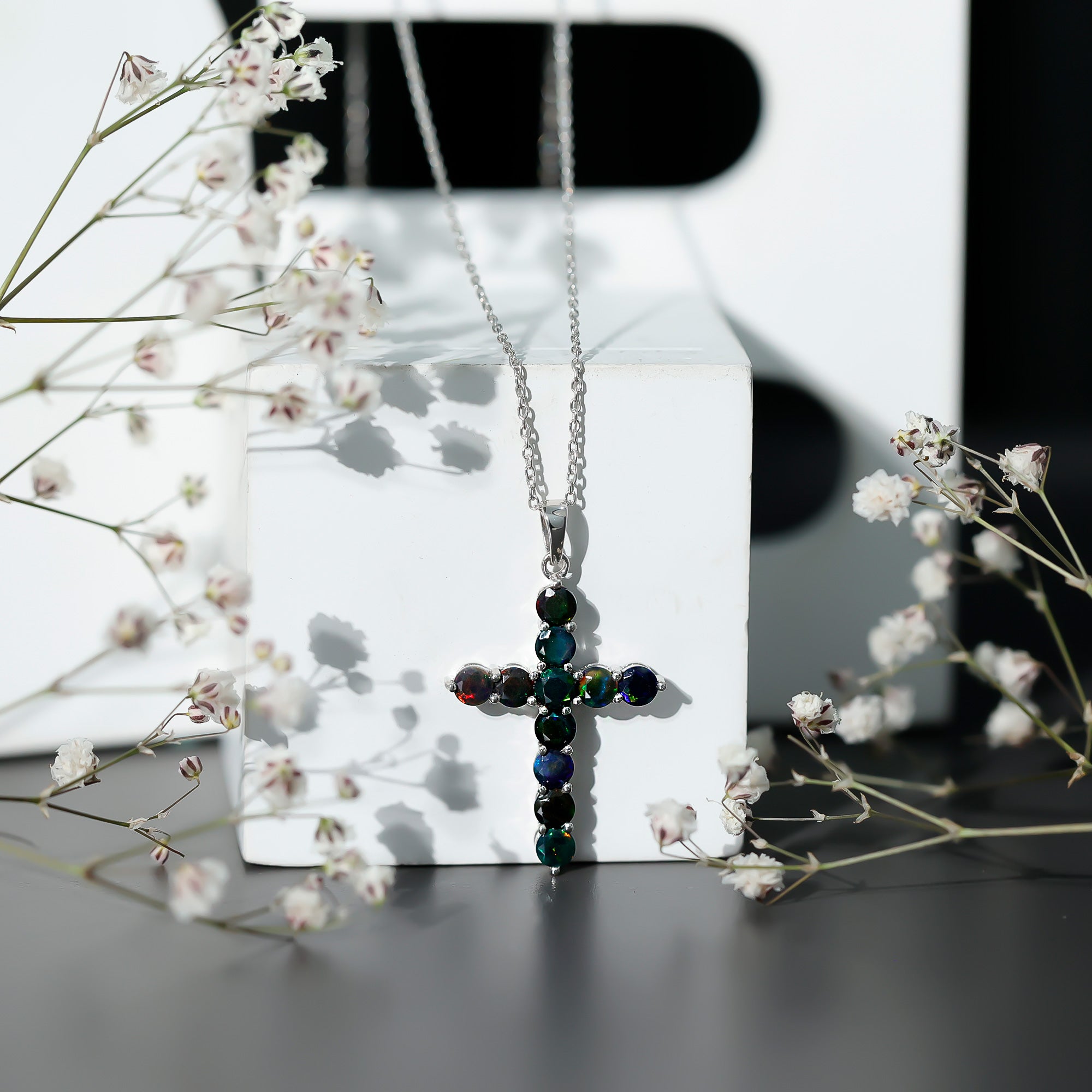 Round Cut Black Opal Cross Pendant Necklace in Silver