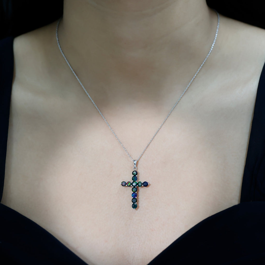Round Cut Black Opal Cross Pendant Necklace in Silver