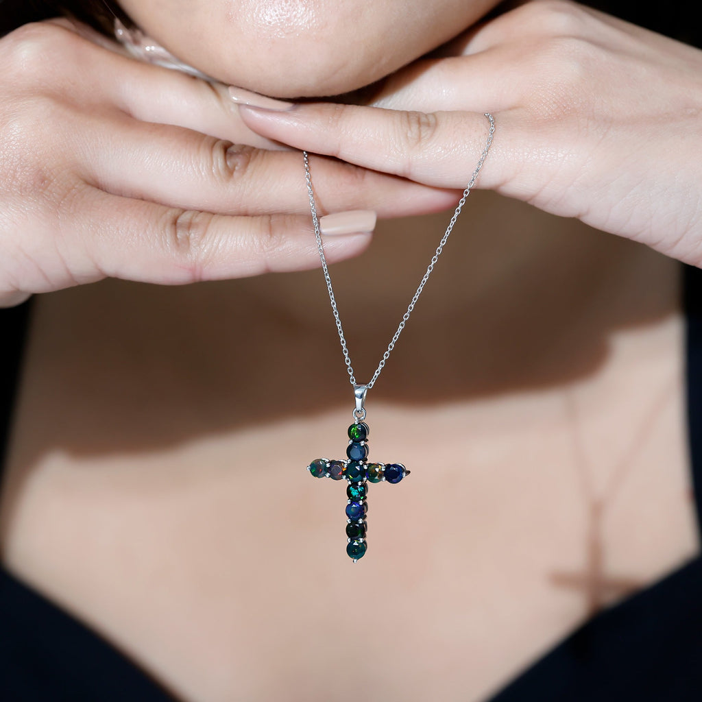 Round Cut Black Opal Cross Pendant Necklace in Silver