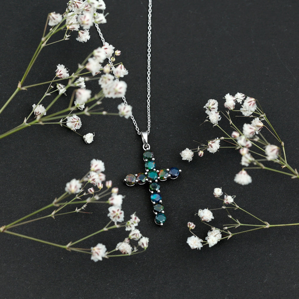 Round Cut Black Opal Cross Pendant Necklace in Silver