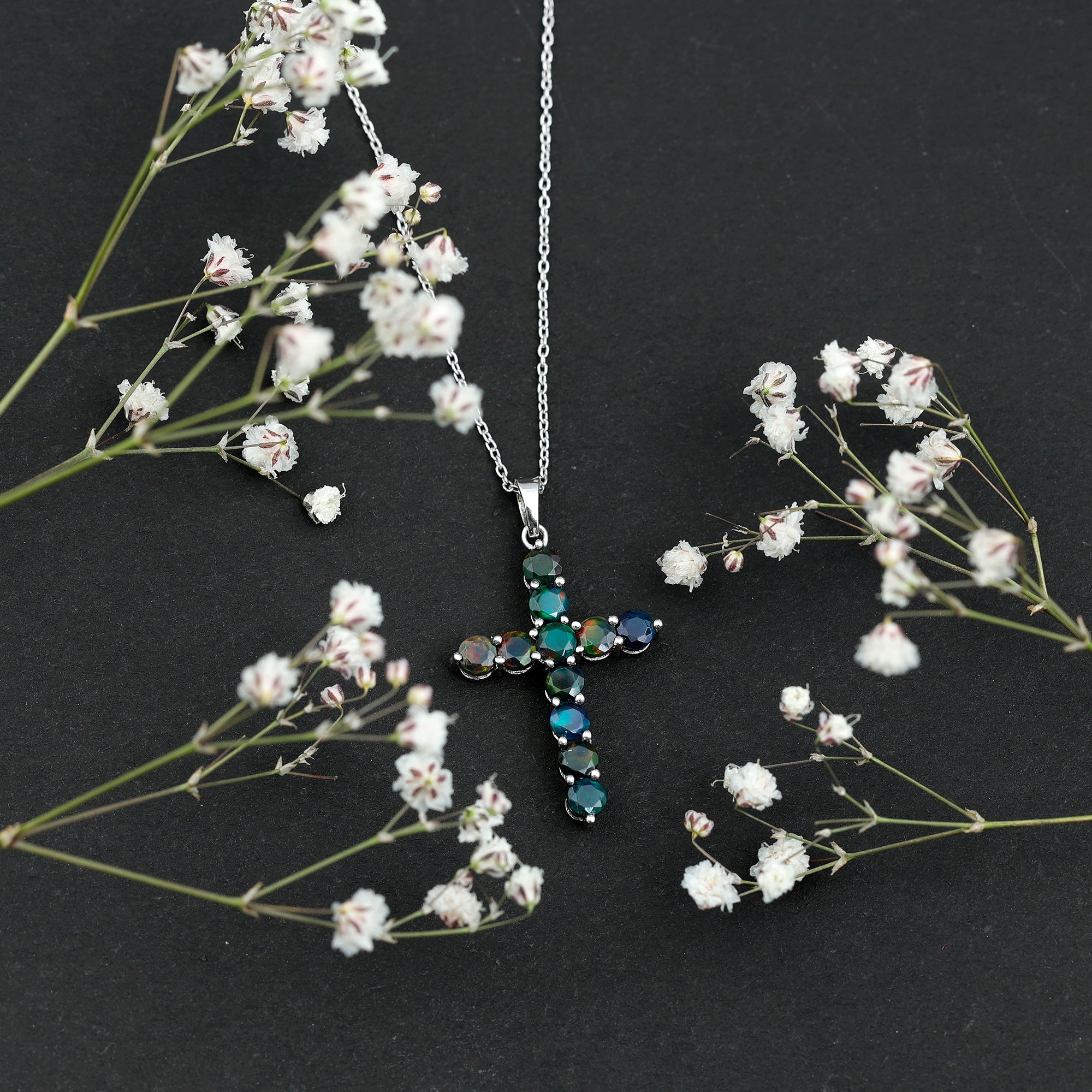 Round Cut Black Opal Cross Pendant Necklace in Silver