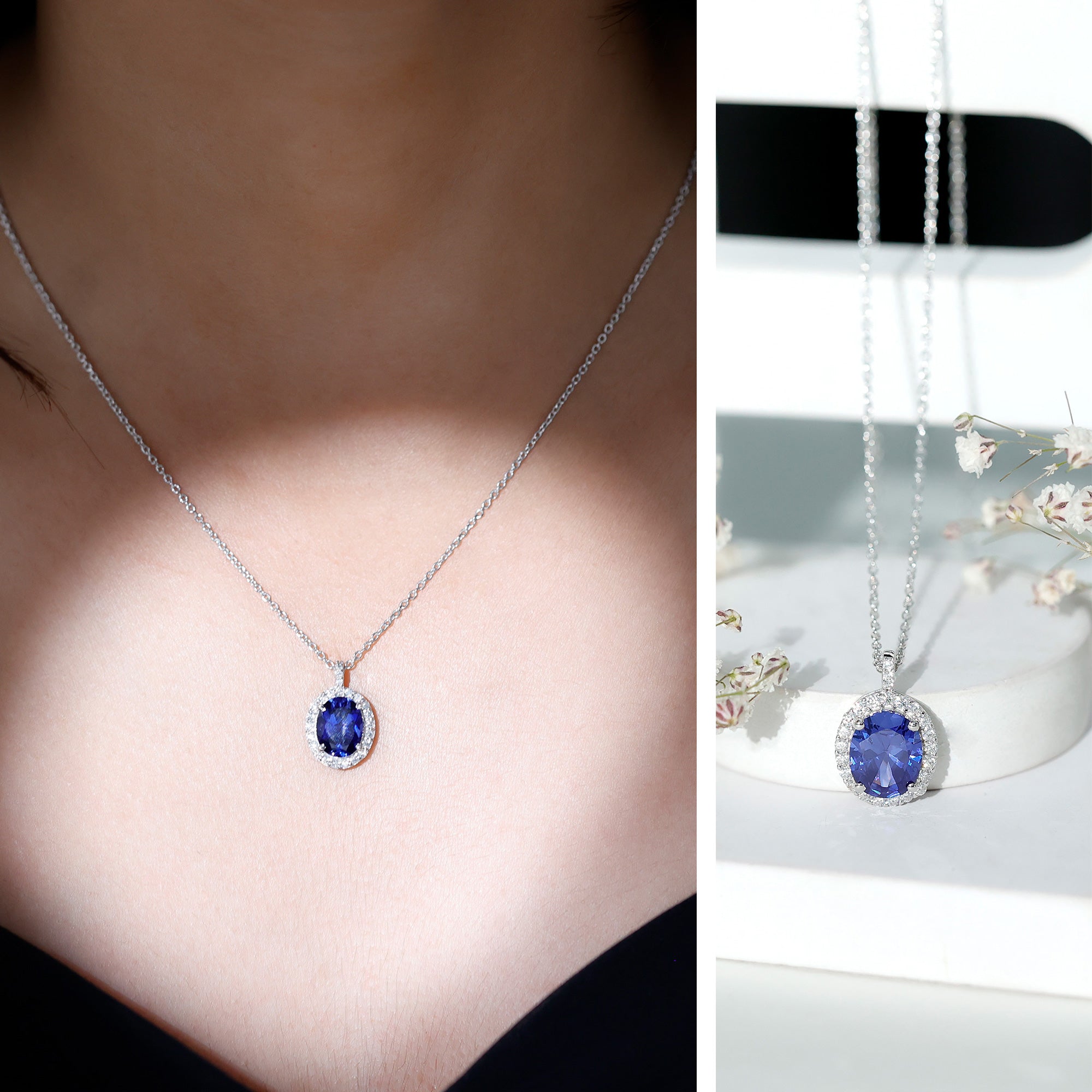 8X10 MM Oval Lab Grown Blue Sapphire Bridal Necklace with Moissanite