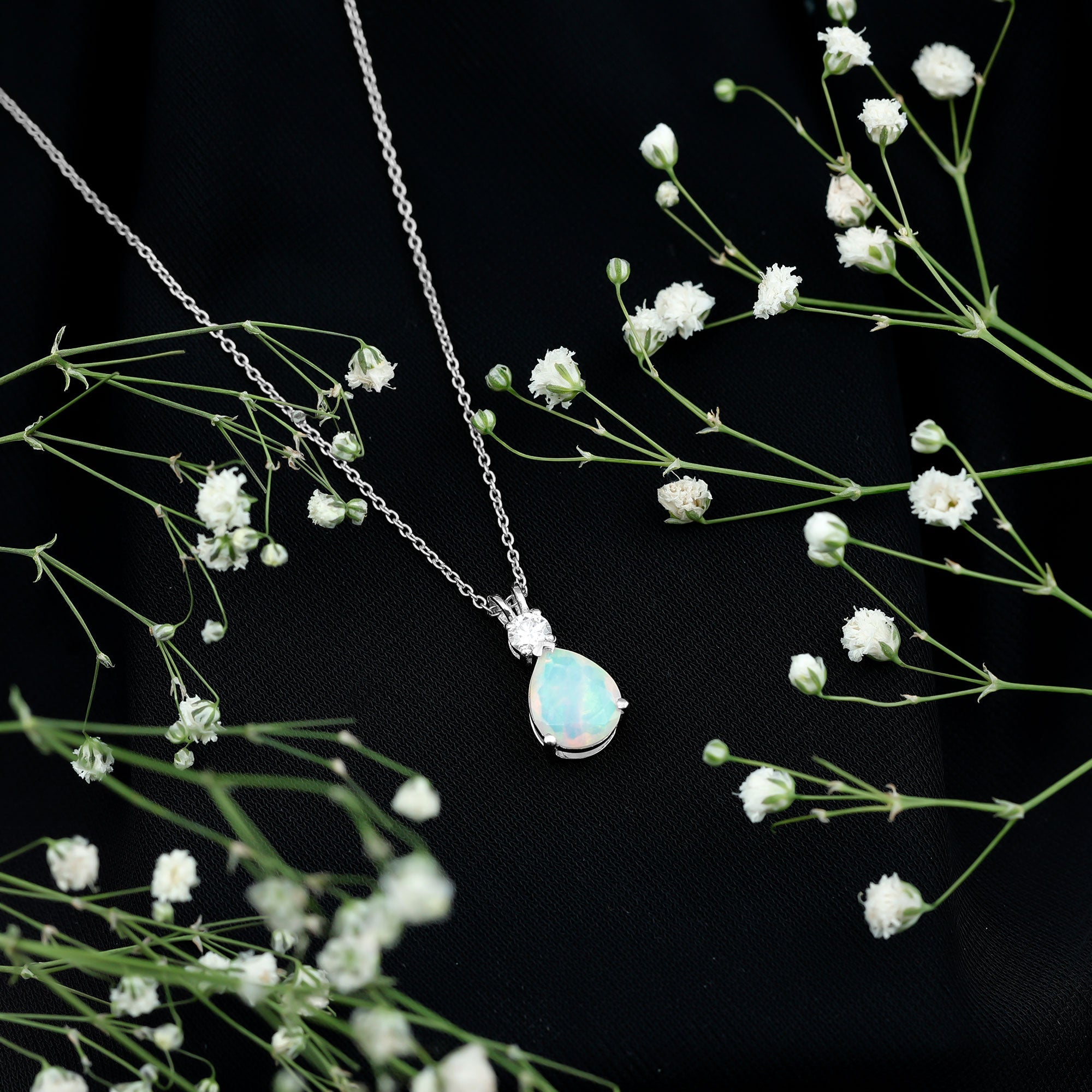 8X10MM Pear Shaped Rainbow Opal Teardrop Necklace with Moissanite