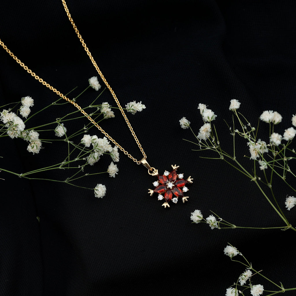 Real Garnet Flower Necklace Yellow Gold Plated Silver Pendant for Women