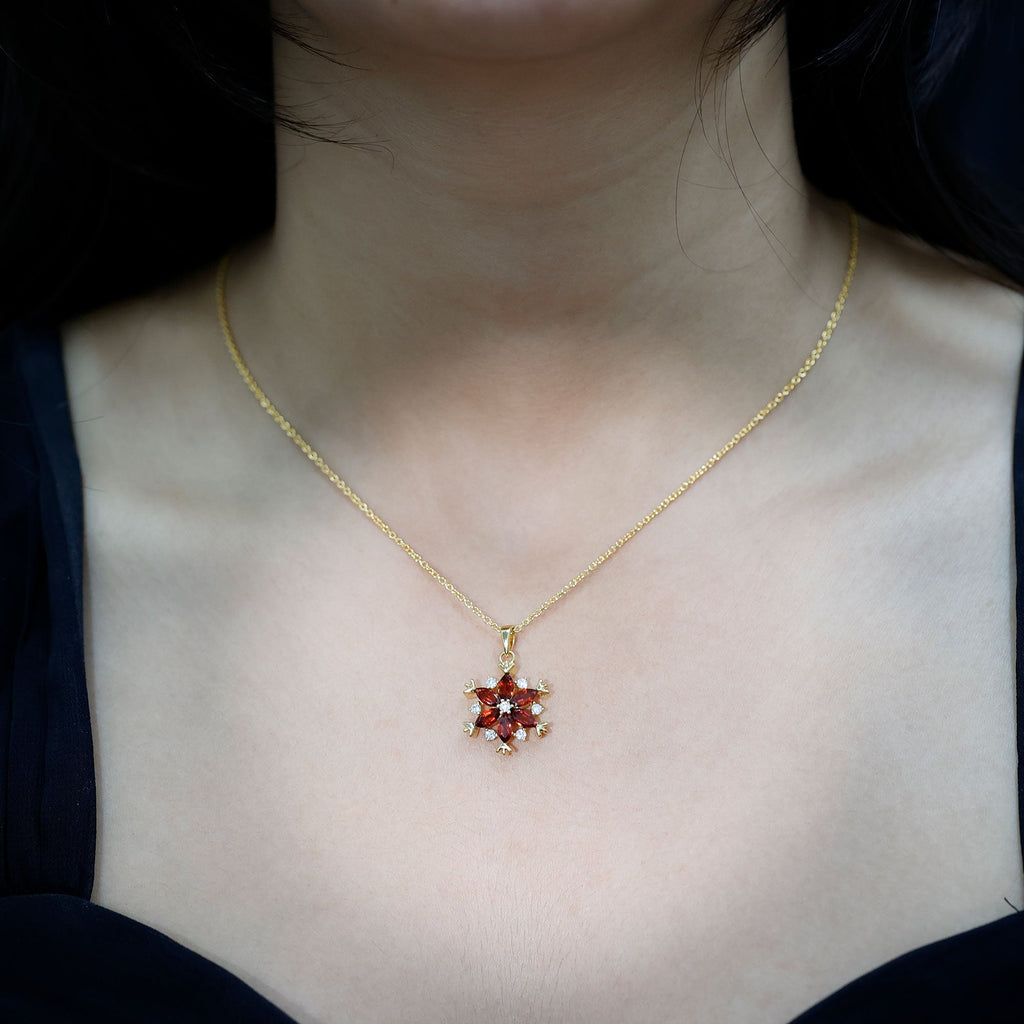 Real Garnet Flower Necklace Yellow Gold Plated Silver Pendant for Women