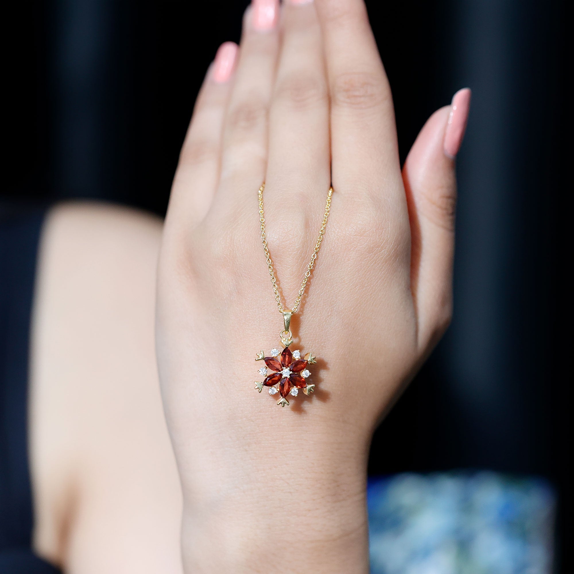 Real Garnet Flower Necklace Yellow Gold Plated Silver Pendant for Women