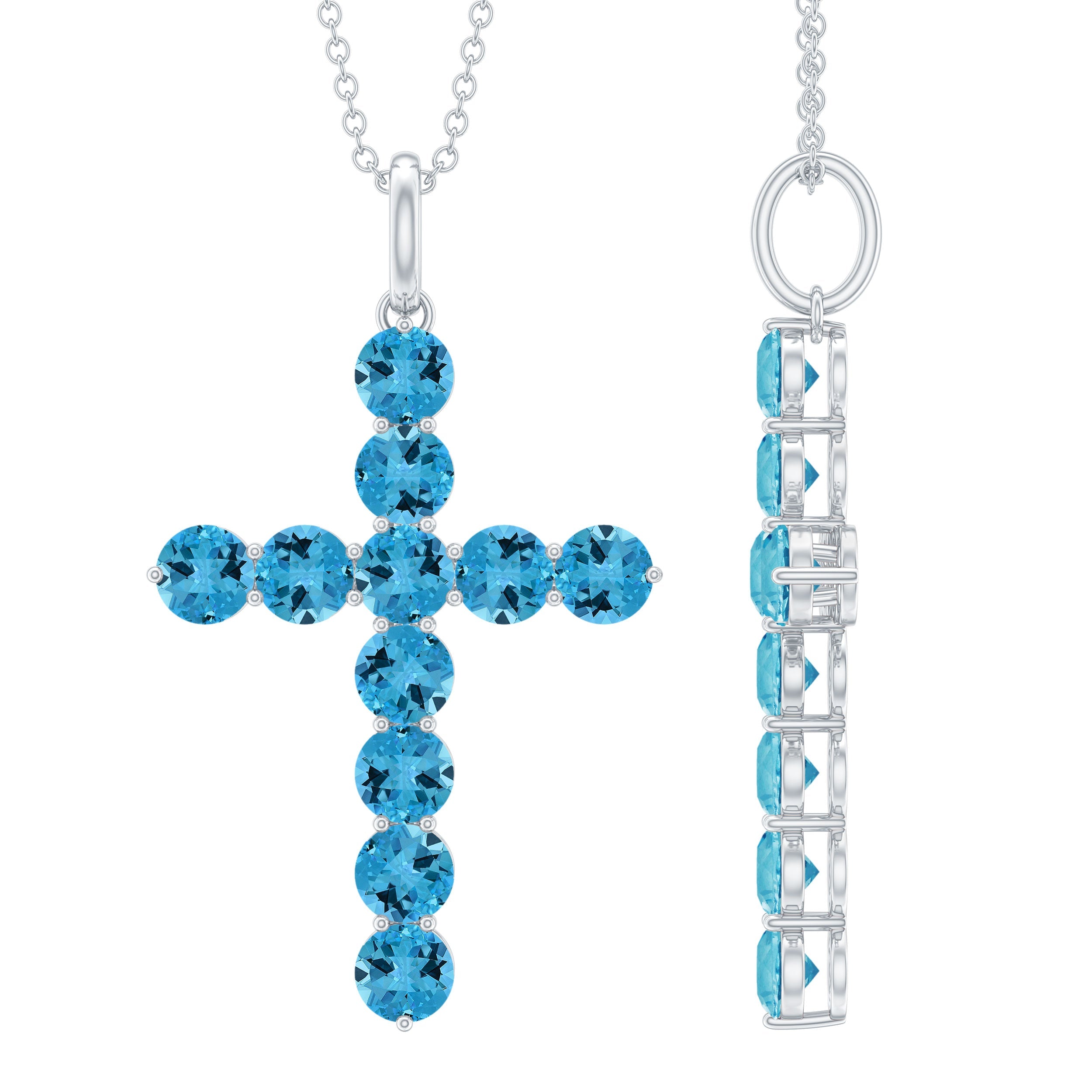 Natural Swiss Blue Topaz Cross Pendant Necklace with Chain