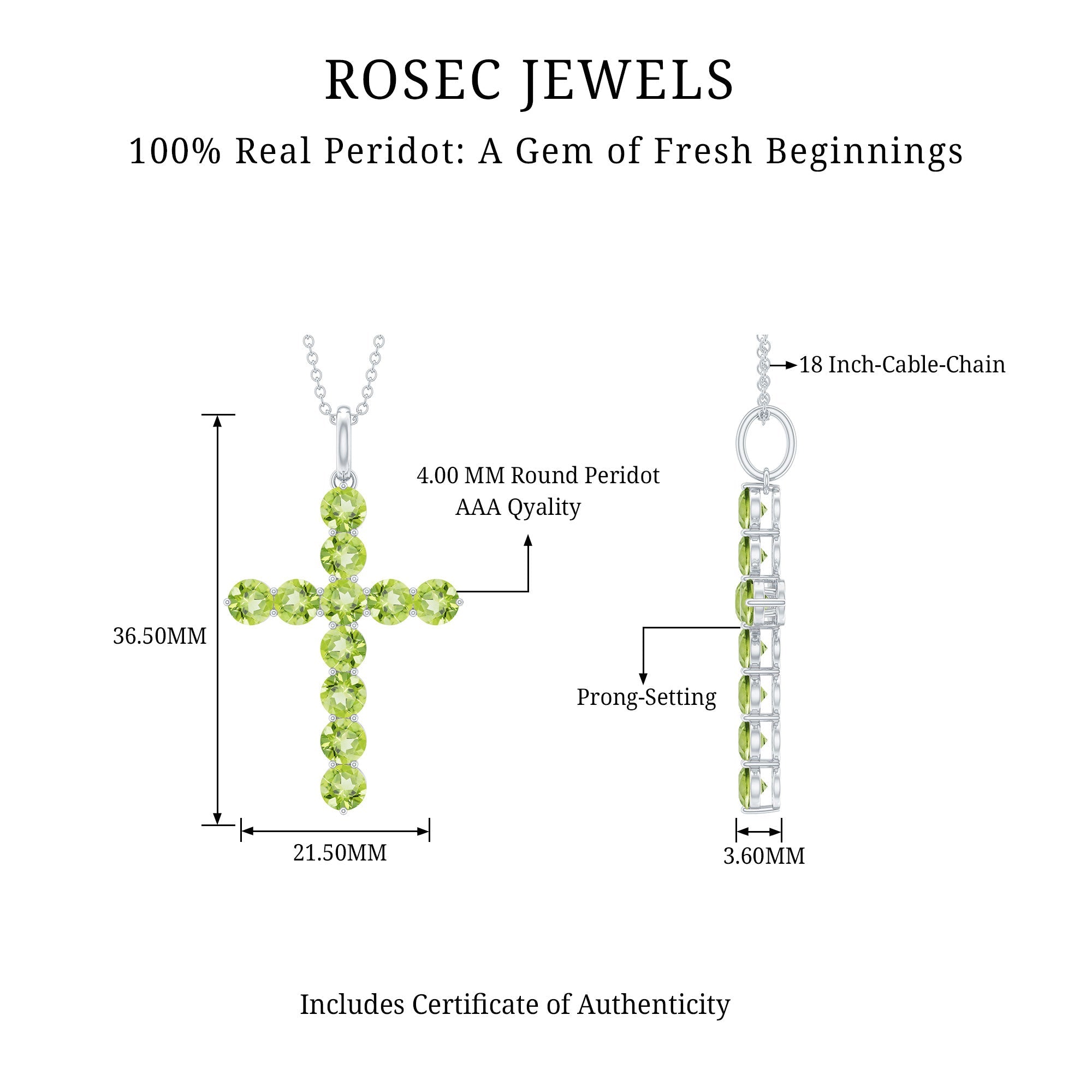 Natural Peridot Simple Cross Pendant Necklace with Chain