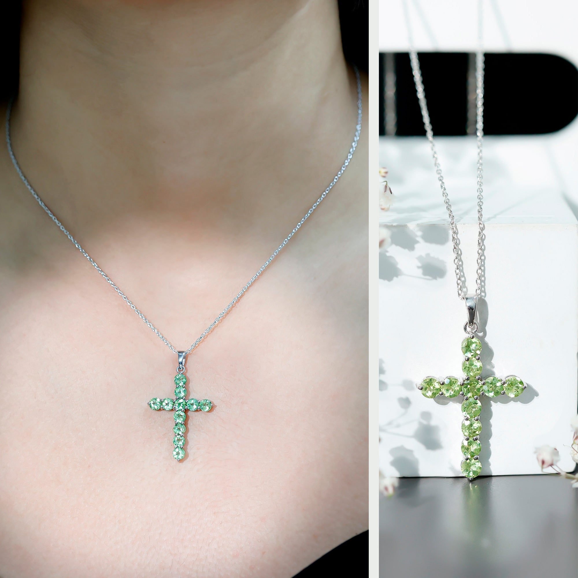 Natural Peridot Simple Cross Pendant Necklace with Chain