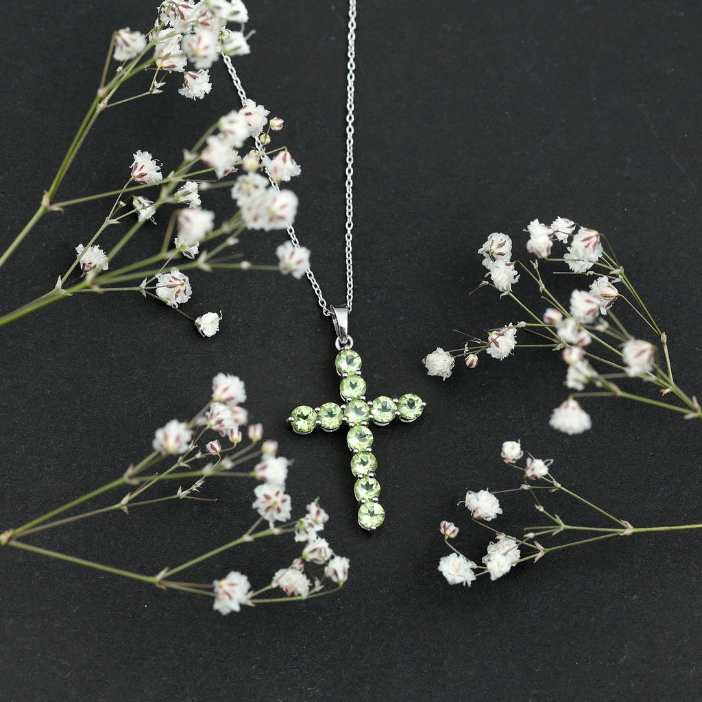 Natural Peridot Simple Cross Pendant Necklace with Chain