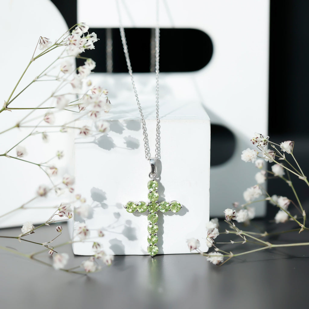 Natural Peridot Simple Cross Pendant Necklace with Chain