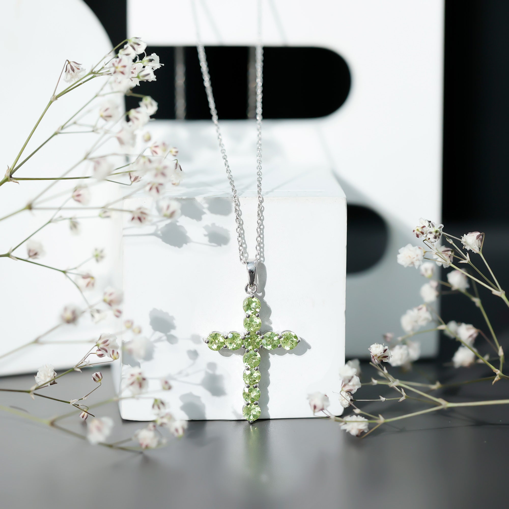 Natural Peridot Simple Cross Pendant Necklace with Chain