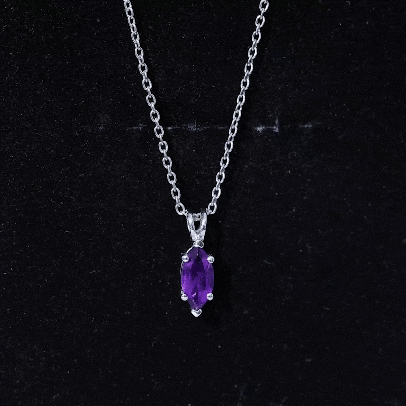 Marquise Cut Amethyst Solitaire Pendant Necklace with Silver Chain
