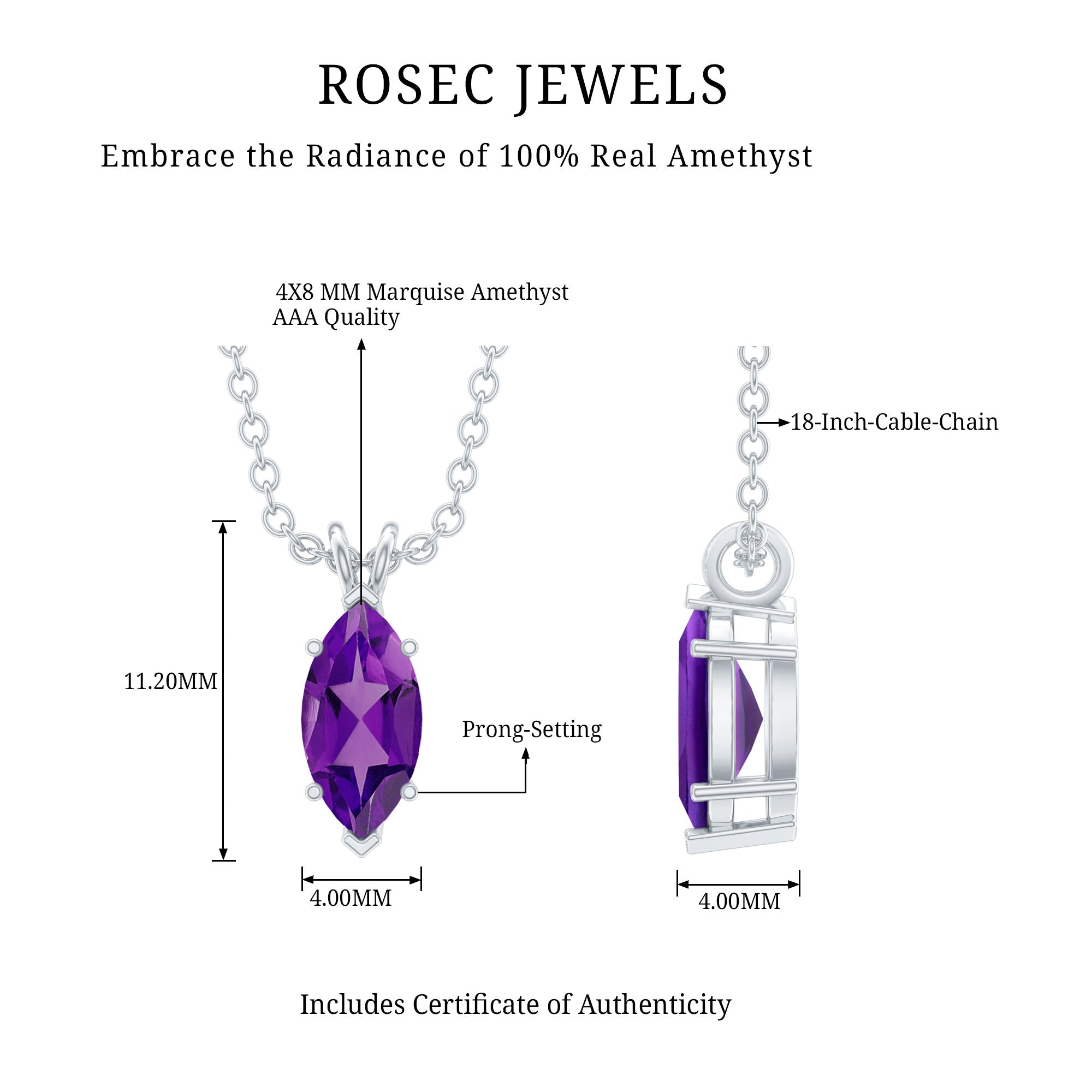 Marquise Cut Amethyst Solitaire Pendant Necklace with Silver Chain