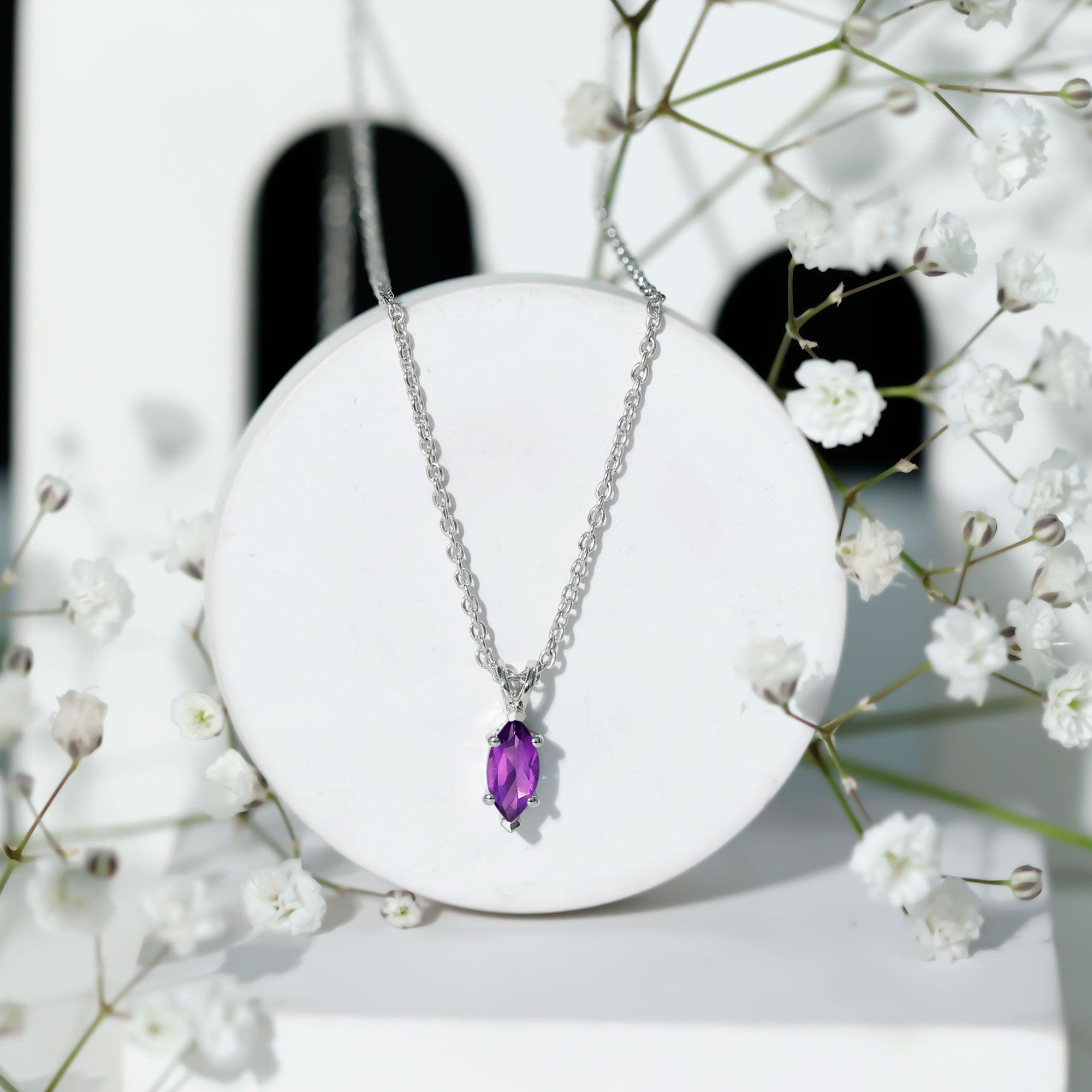Marquise Cut Amethyst Solitaire Pendant Necklace with Silver Chain