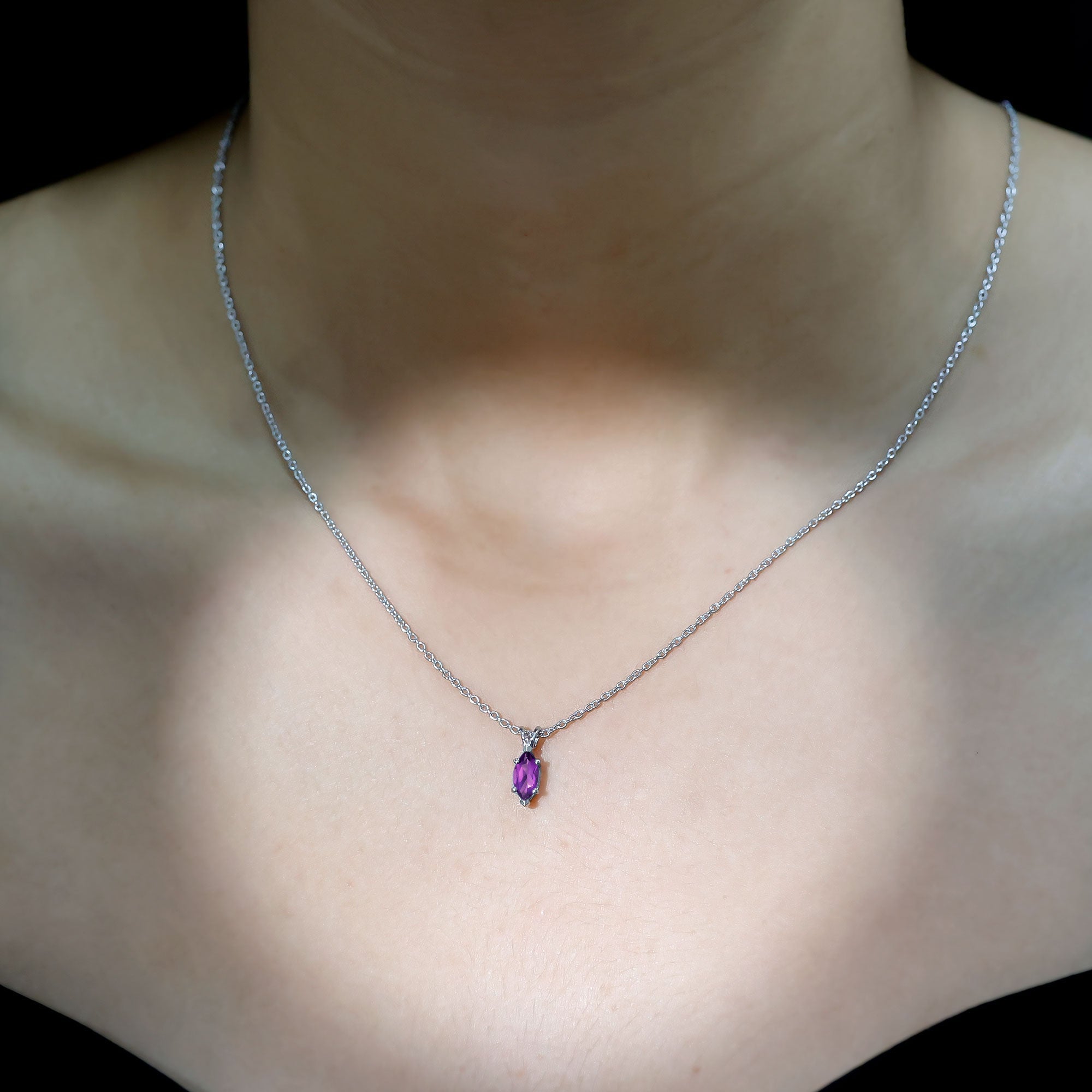 Marquise Cut Amethyst Solitaire Pendant Necklace with Silver Chain