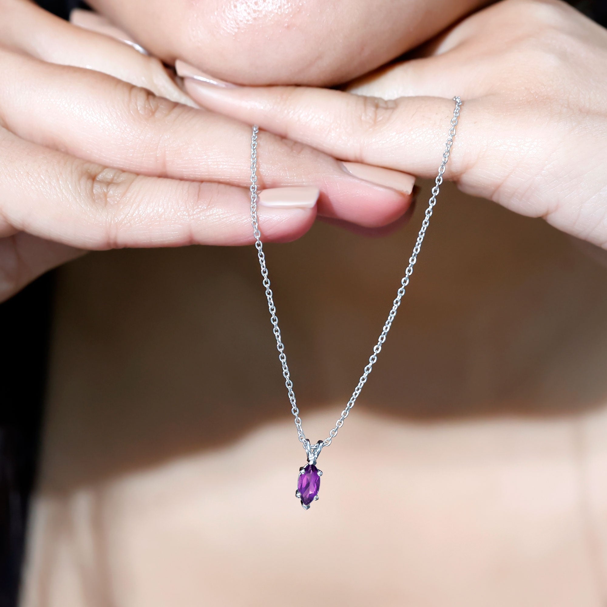 Marquise Cut Amethyst Solitaire Pendant Necklace with Silver Chain