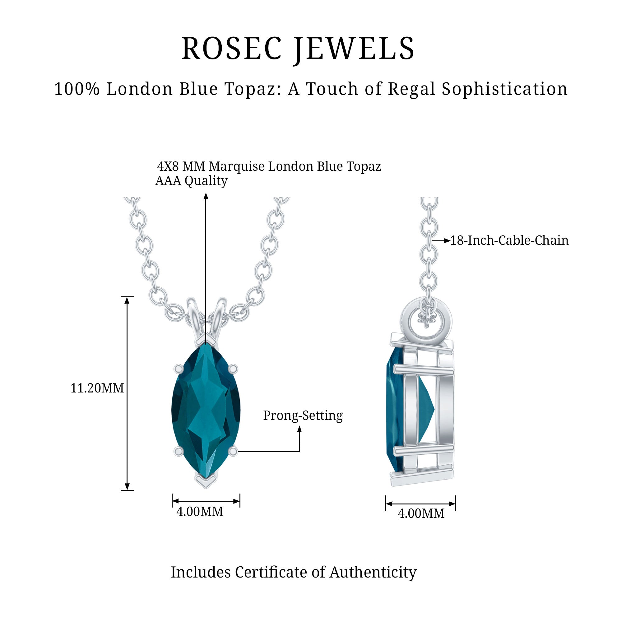 Real London Blue Topaz Marquise Necklace With Silver Chain