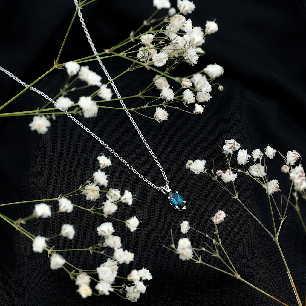 Real London Blue Topaz Marquise Necklace With Silver Chain