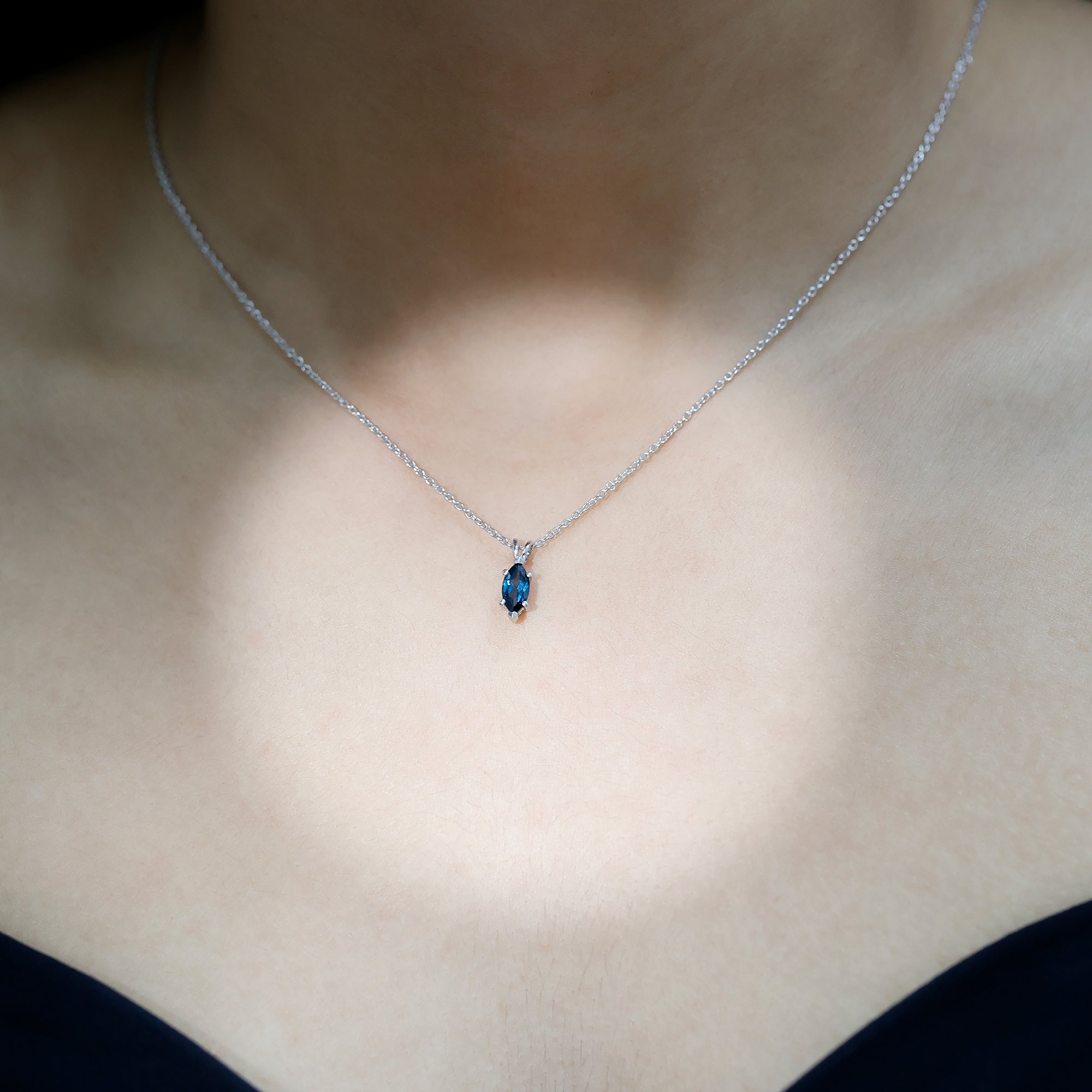 Real London Blue Topaz Marquise Necklace With Silver Chain